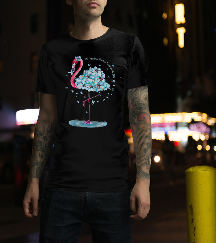 Prostate Cancer Awareness Light Blue Ribbon Flamingo Floral T-Shirt