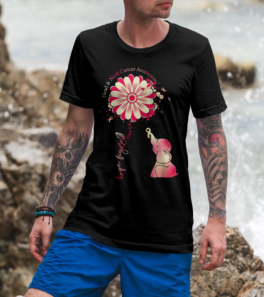 Head And Neck Cancer Awareness White And Burgundy Ribbon Hope Fight Cure Elephant Flower T-Shirt