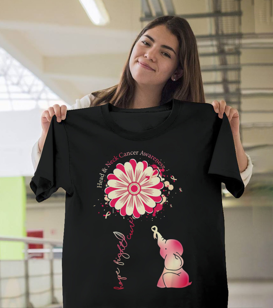 Head And Neck Cancer Awareness White And Burgundy Ribbon Hope Fight Cure Elephant Flower T-Shirt