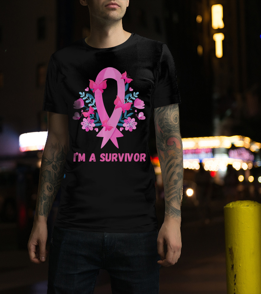 I'm A Survivor Pink Ribbon Butterfly Floral Breast Cancer T-Shirt