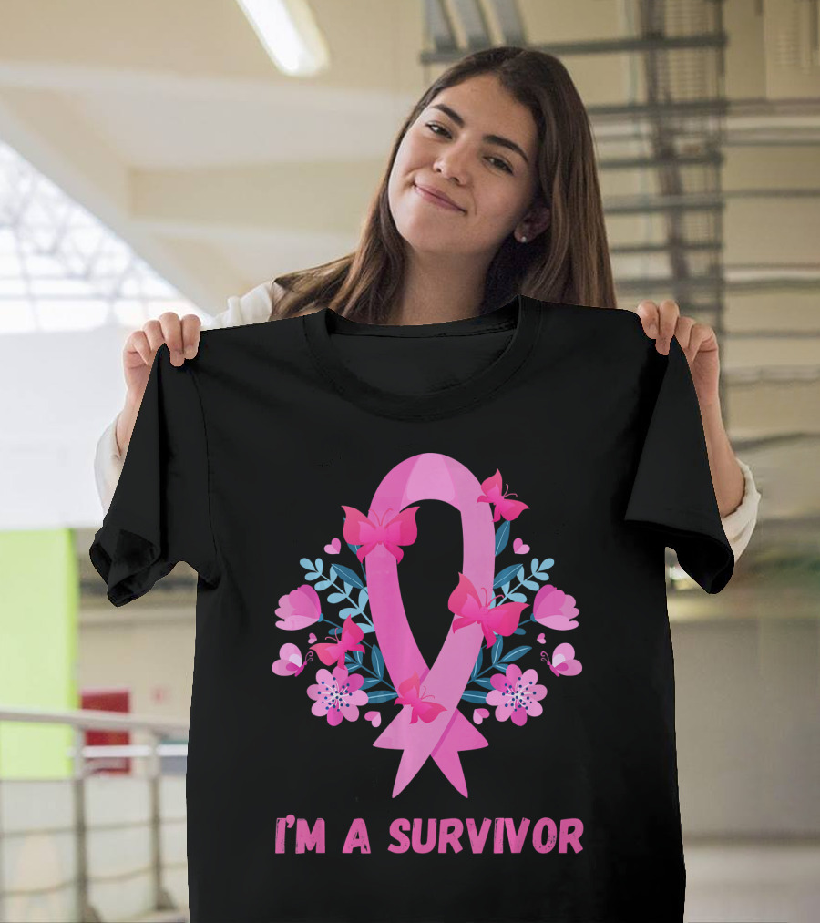 I'm a Survivor Pink Ribbon Butterfly Floral Breast Cancer T-Shirt