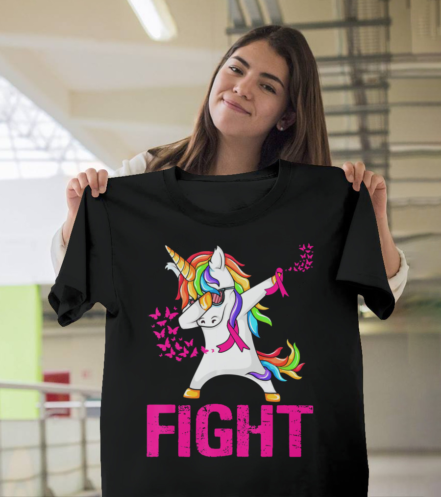 Fight Breast Cancer Awareness Unicorn Dabbing With Rainbow Mane And Butterflies T-Shirt