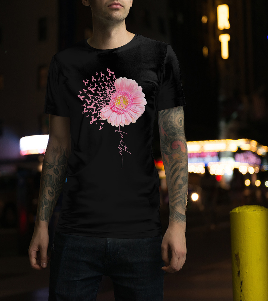 Faith Pink Ribbon Daisy Flower Breast Cancer Awareness T-Shirt