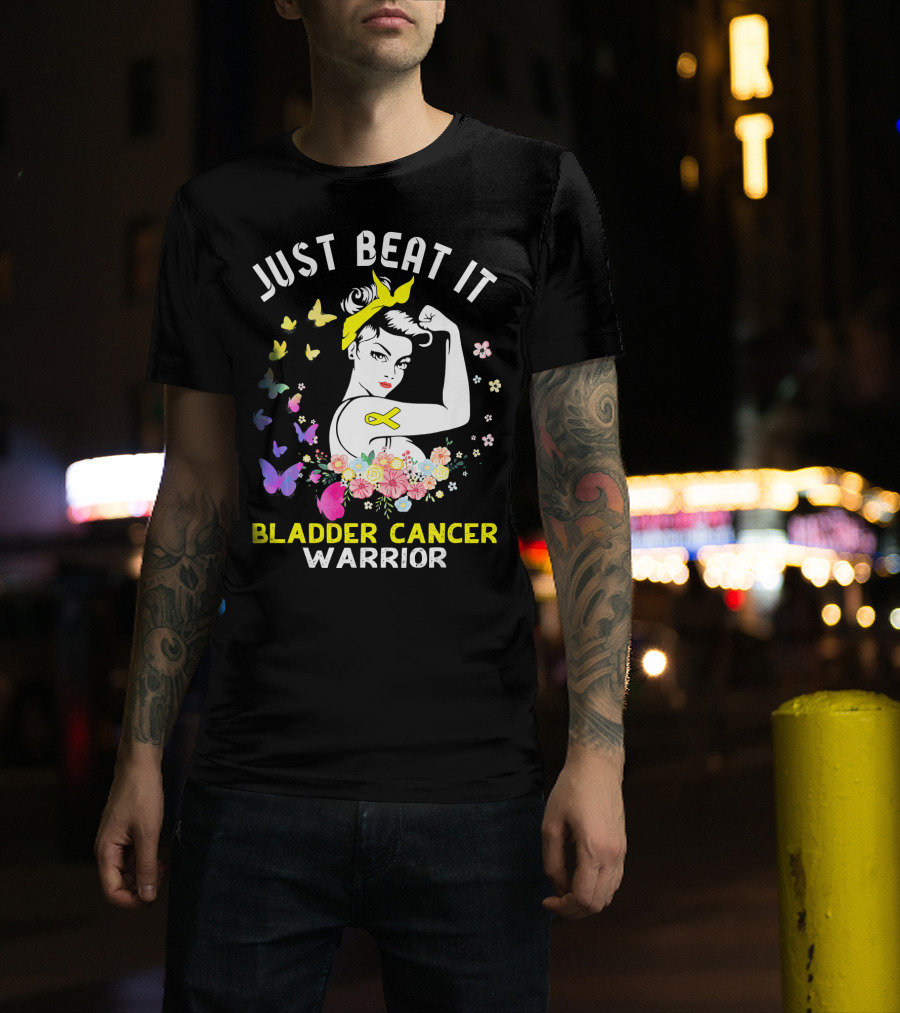 Just Beat It Bladder Cancer Warrior Butterfly Ribbon Floral Fighter T-Shirt