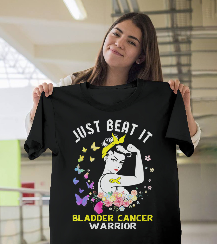Just Beat It Bladder Cancer Warrior Butterfly Ribbon Floral Fighter T-Shirt