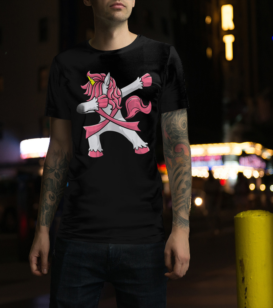 Pink Ribbon Dabbing Unicorn Breast Cancer Awareness T-Shirt