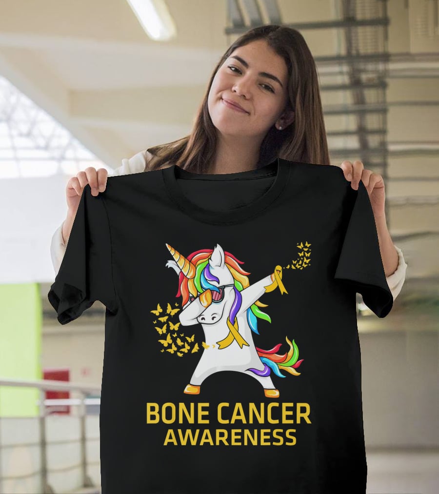 Bone Cancer Awareness Unicorn Dab With Yellow Ribbon Butterflies T-Shirt