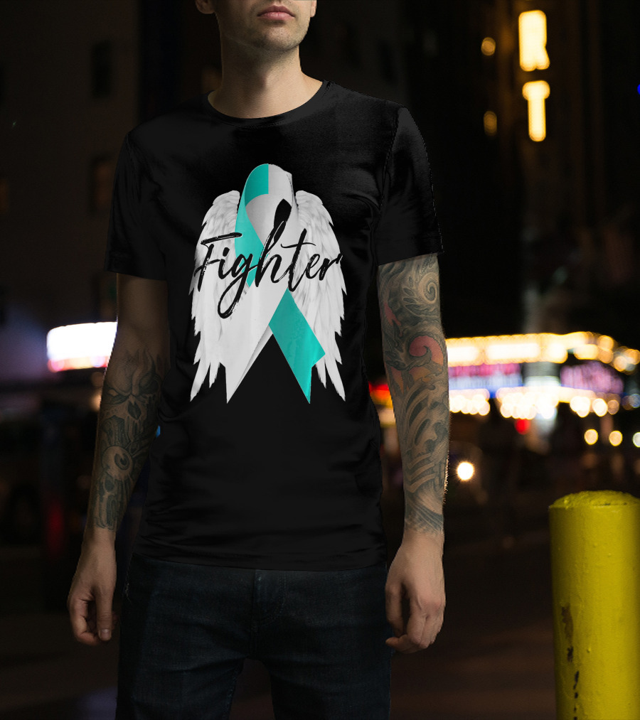Cervical Cancer Fighter Teal Ribbon With Angel Wings T-Shirt