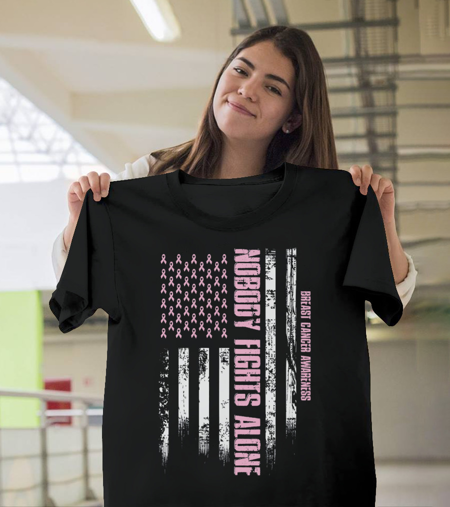 Nobody Fights Alone Breast Cancer Awareness USA Flag T-Shirt