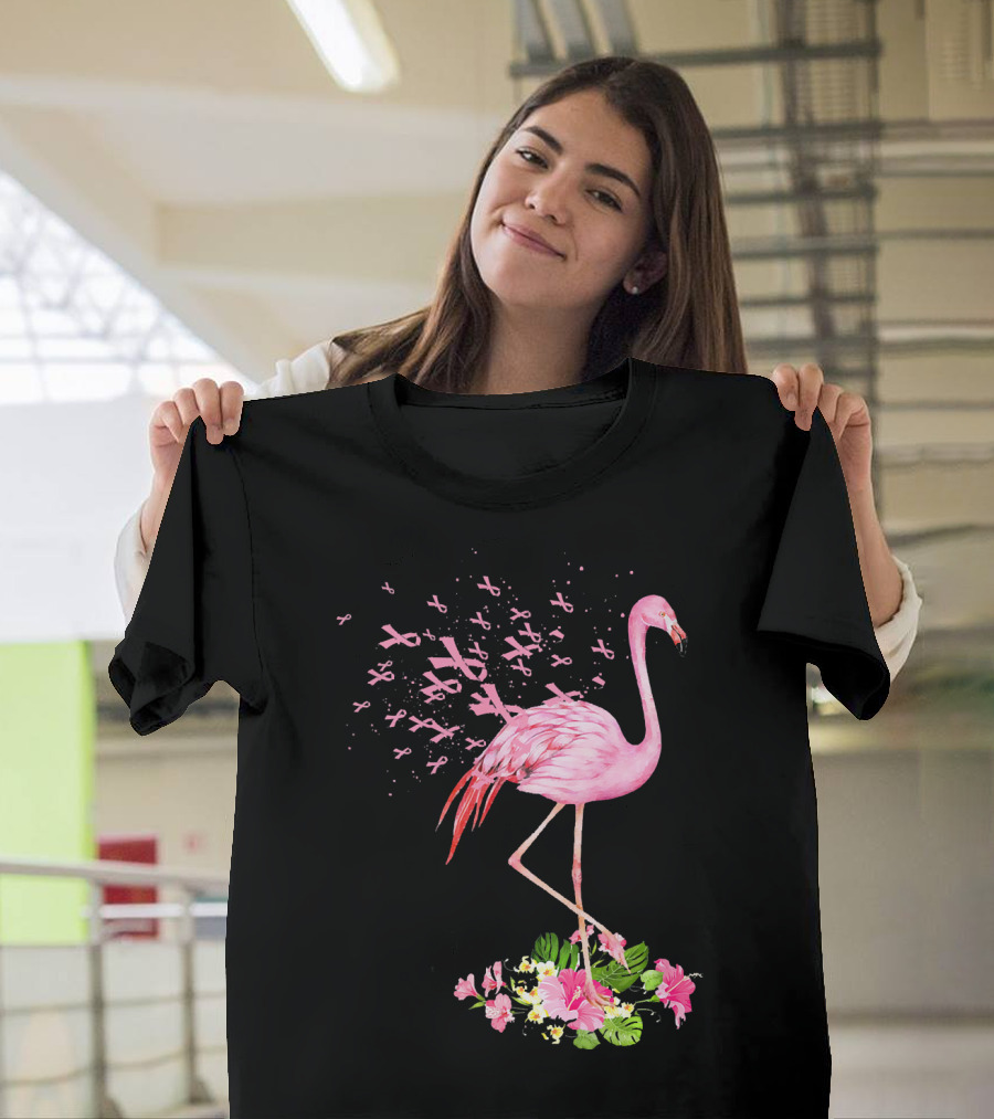 Flamingo With Pink Breast Cancer Ribbons And Floral Accents T-Shirt