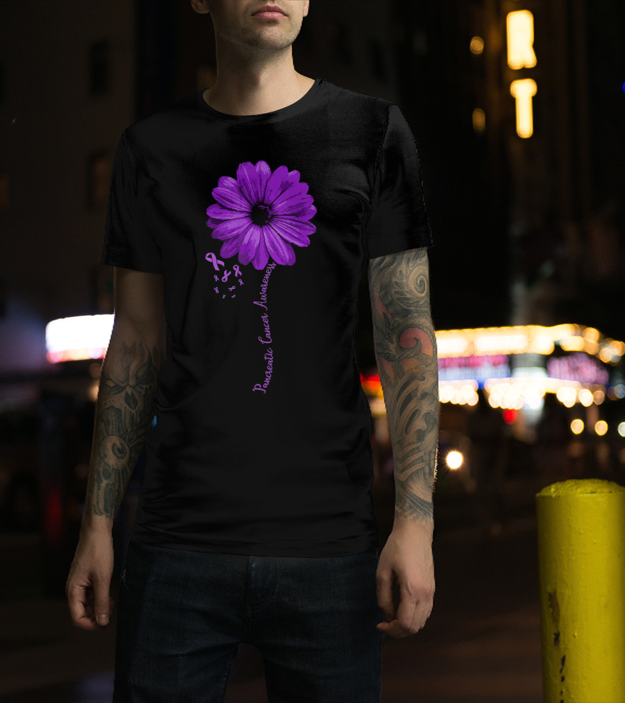 Pancreatic Cancer Awareness Purple Ribbon Purple Flower T-Shirt