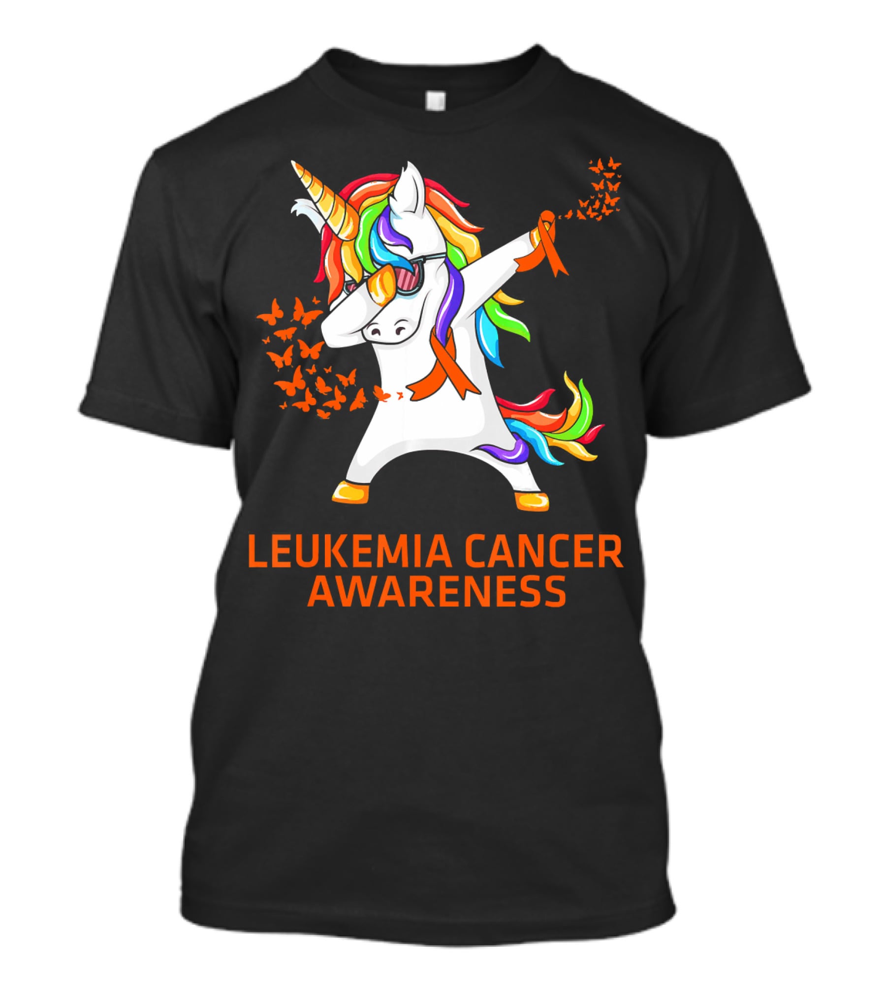 Leukemia Cancer Awareness Unicorn Dabbing With Rainbow Mane And Orange T-Shirt