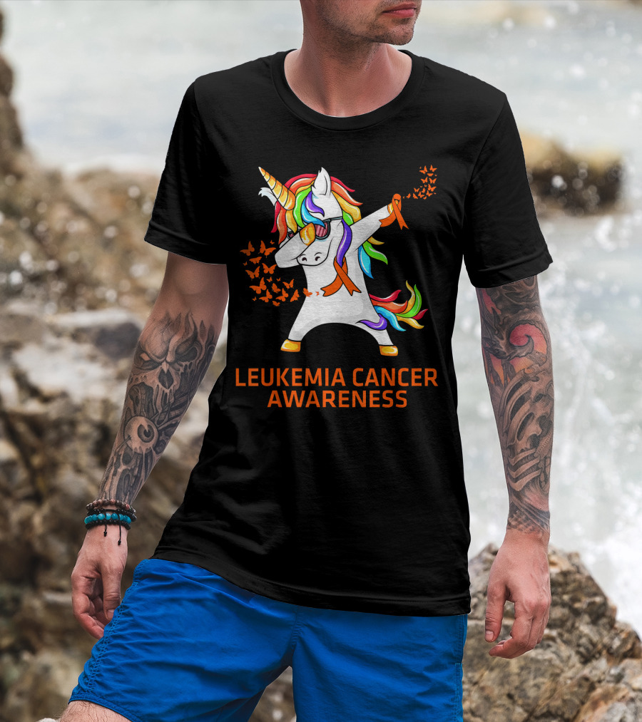 Leukemia Cancer Awareness Unicorn Dabbing With Rainbow Mane And Orange T-Shirt