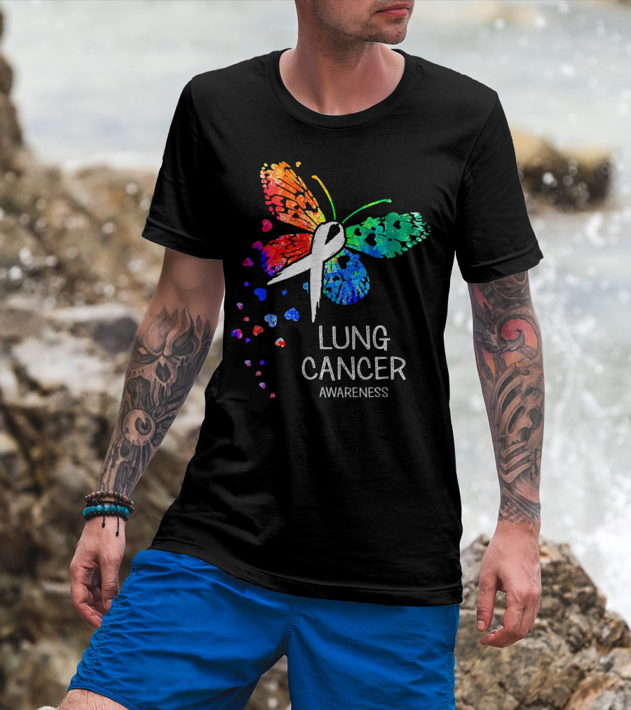 Lung Cancer Awareness Rainbow Butterfly T-Shirt