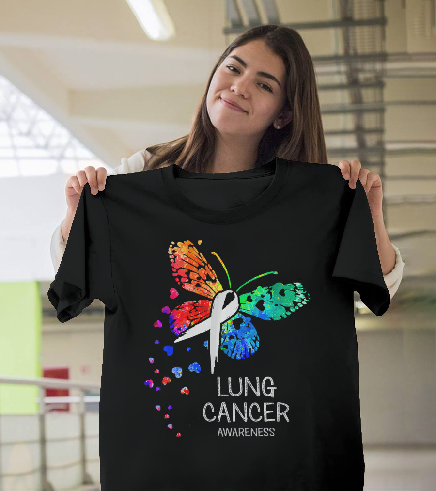 Lung Cancer Awareness Rainbow Butterfly T-Shirt
