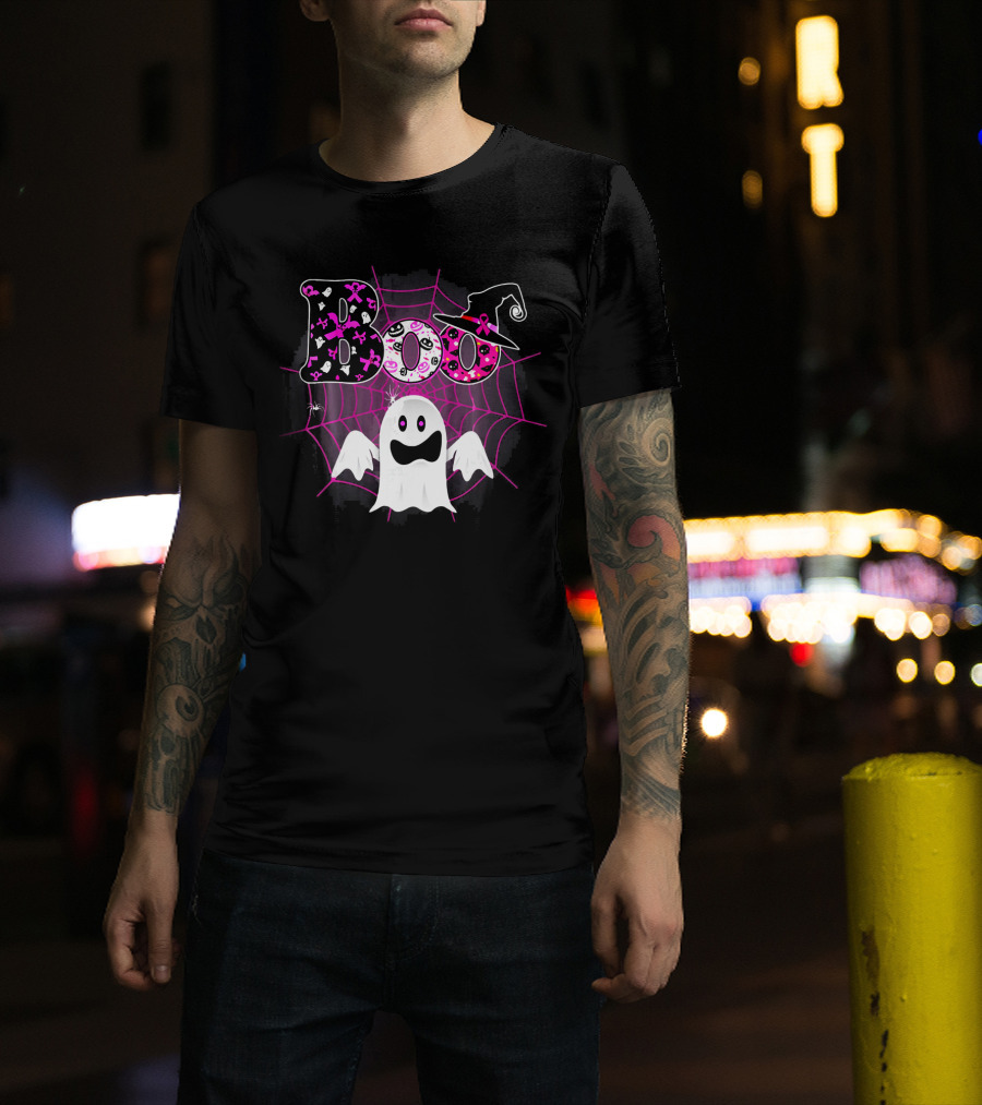 Boo Breast Cancer Awareness Ghost With Witch Hat And Pink Ribbon Web T-Shirt