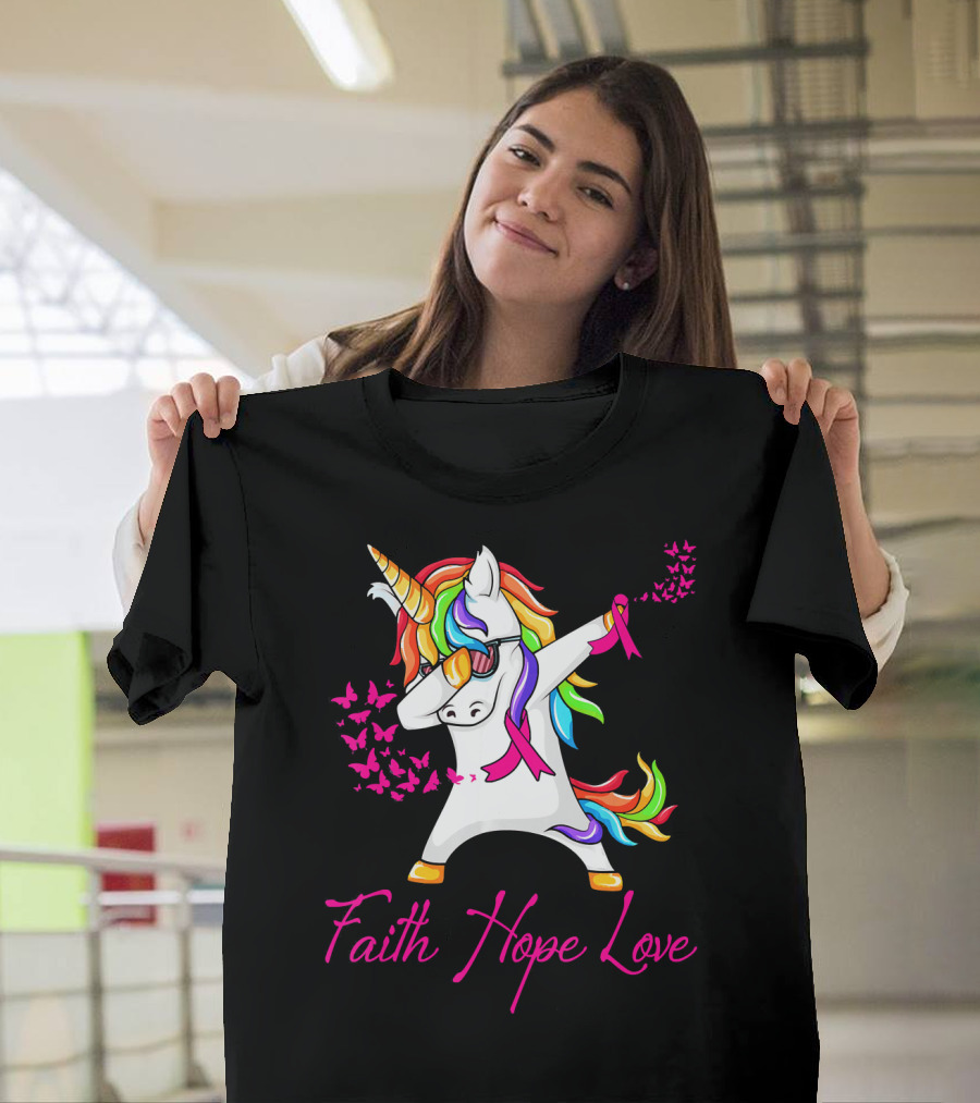 Faith Hope Love Pink Unicorn Breast Cancer Awareness T-Shirt
