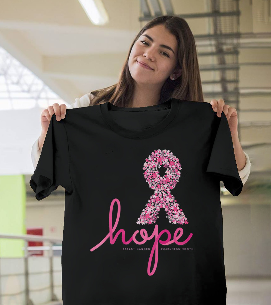 Hope Breast Cancer Awareness Month Pink Ribbon Floral T-Shirt