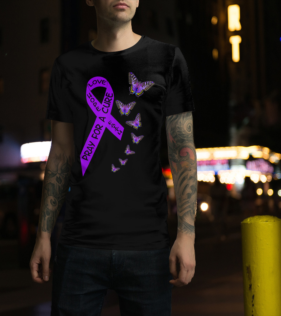Pray For A Cure Love Hope Purple Ribbon Butterflies Pancreatic Cancer Awareness T-Shirt