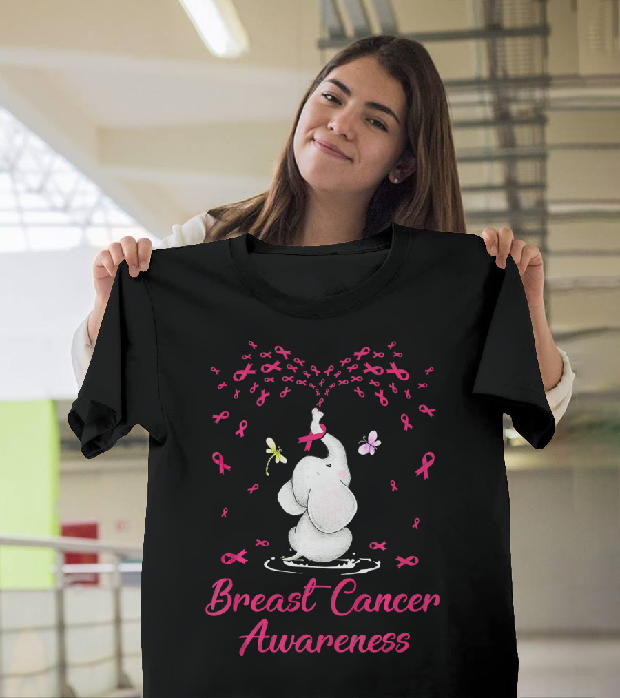 Elephant With Ribbon Breast Cancer Awareness With Butterflies And Ribbons T-Shirt