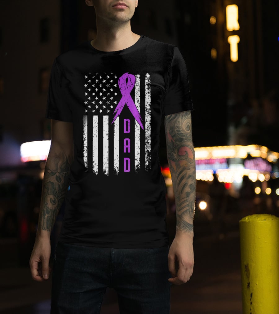 Dad American Flag Pancreatic Cancer Awareness Purple T-Shirt
