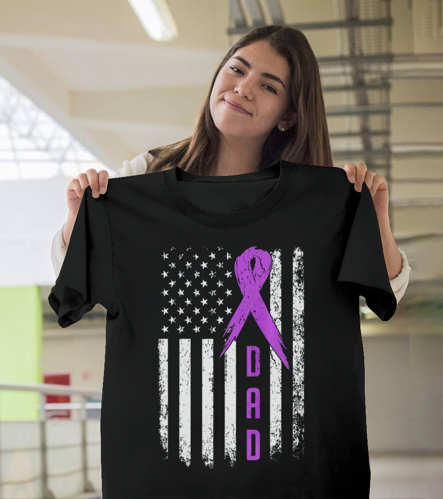 Dad American Flag Pancreatic Cancer Awareness Purple T-Shirt
