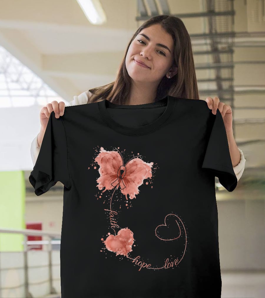 Faith Hope Love Butterfly Ribbon Uterine Cancer Awareness T-Shirt