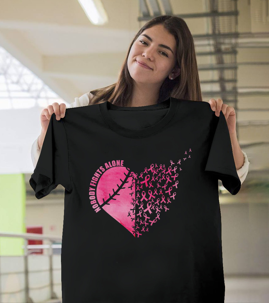 Nobody Fights Alone Heart Pink Ribbons Baseball Softball T-Shirt