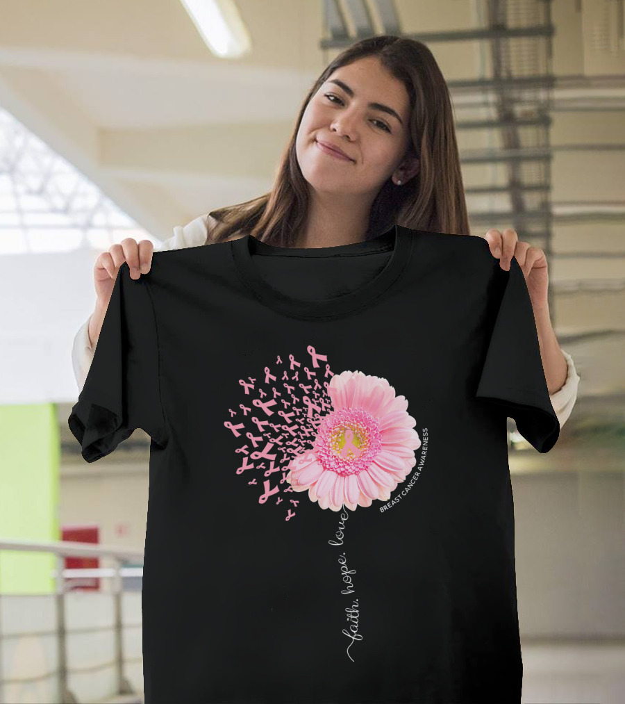 Faith Hope Love Dandelion Daisy Breast Cancer Awareness T-Shirt