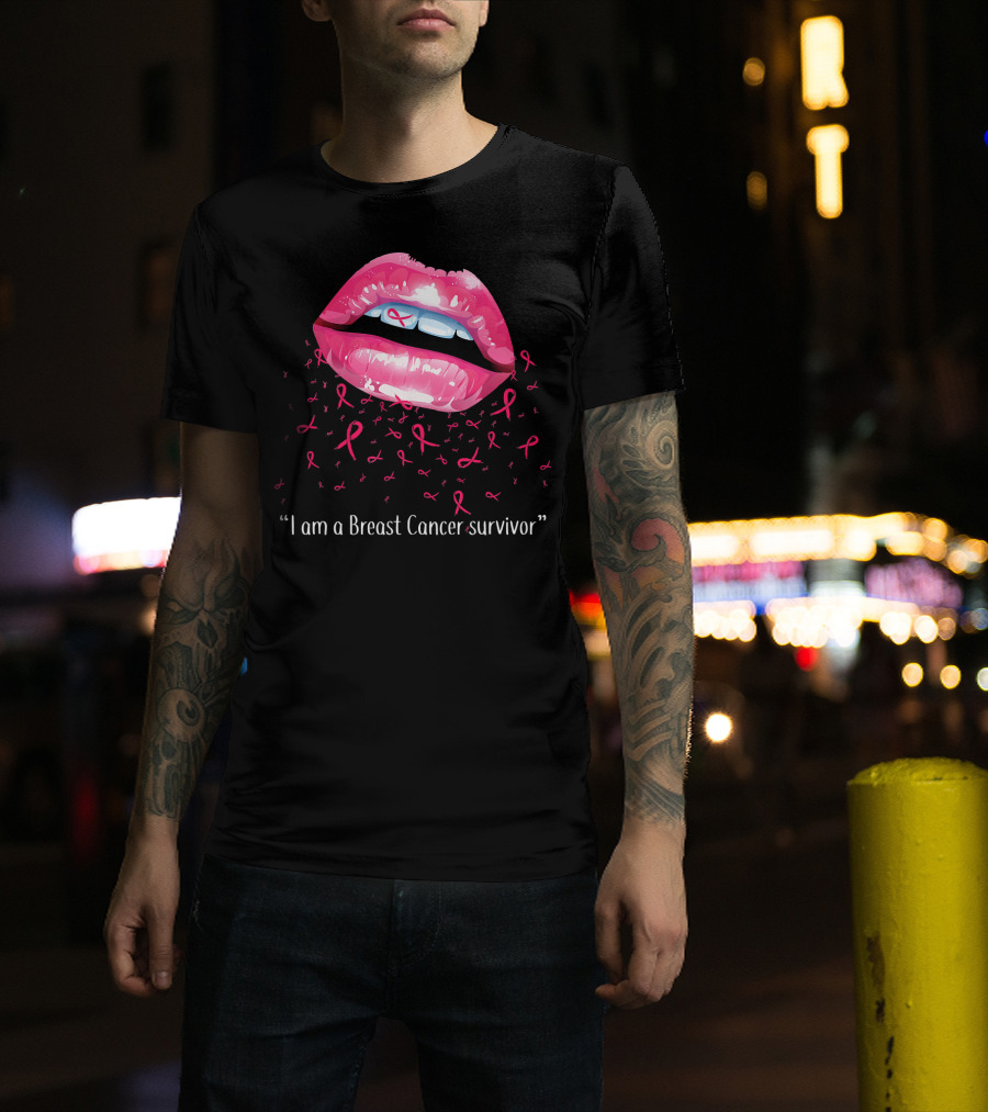 I Am A Breast Cancer Survivor Pink Ribbon Lips T-Shirt