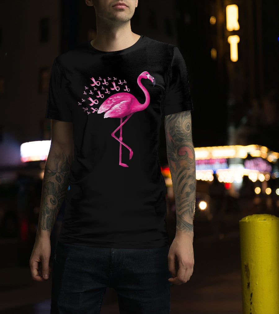 Pink Flamingo With Breast Cancer Awareness Ribbons T-Shirt