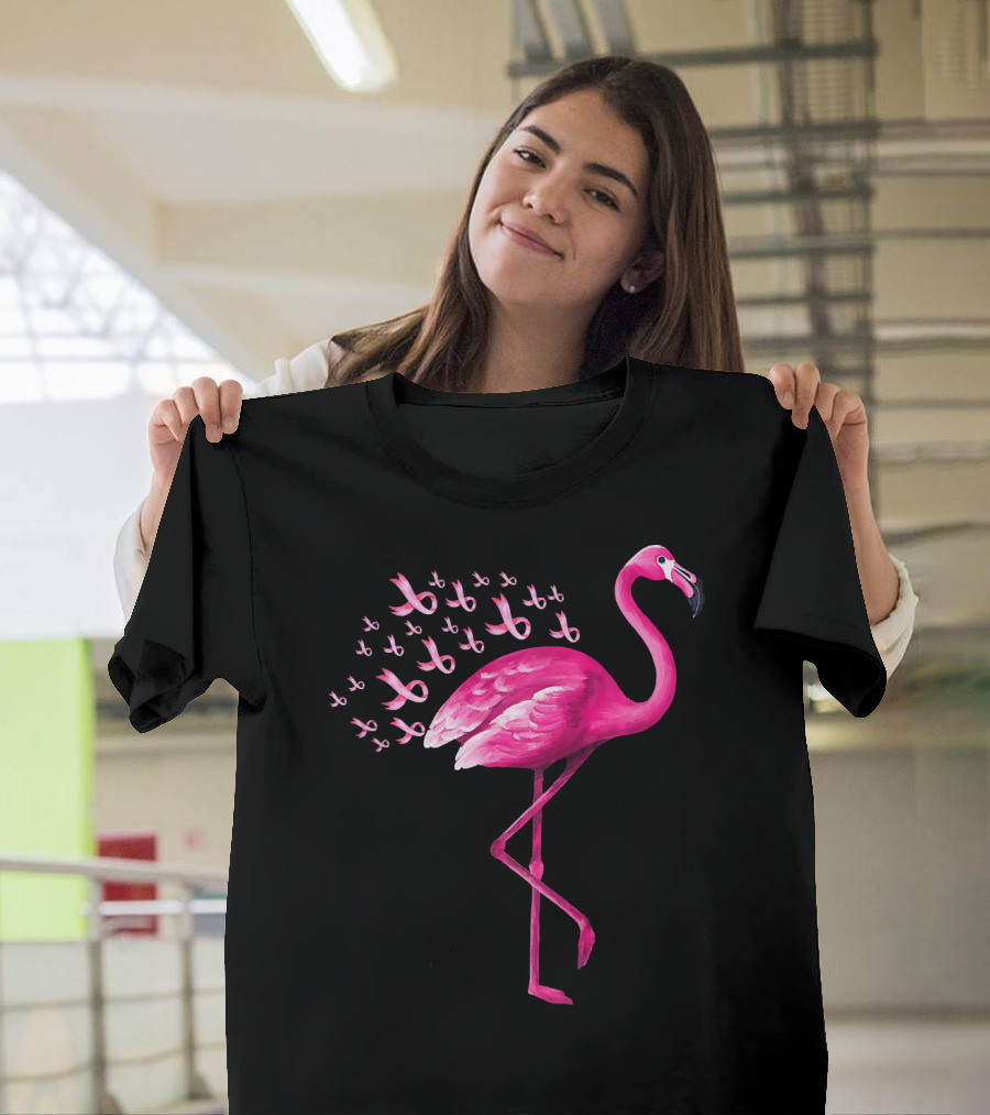 Pink Flamingo with Breast Cancer Awareness Ribbons T-Shirt