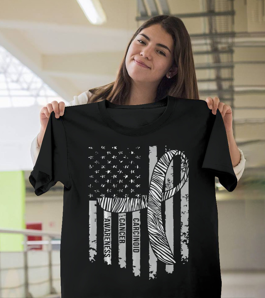 Zebra Ribbon Carcinoid Cancer Awareness American Flag Support T-Shirt