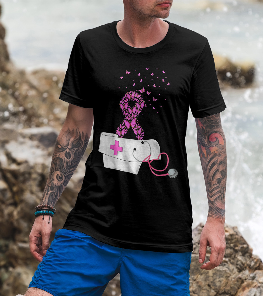 Breast Cancer Awareness Pink Butterfly Ribbon Nurse Doctor Stethoscope Hat T-Shirt
