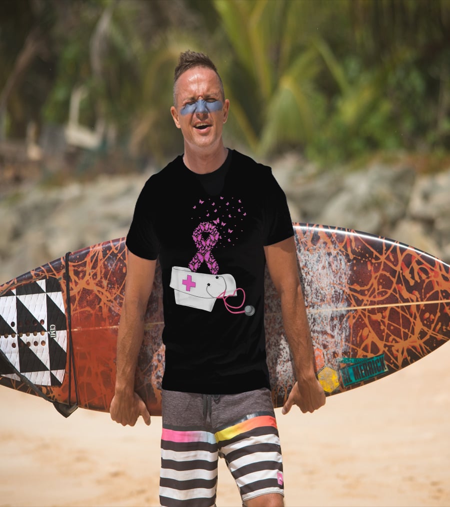 Breast Cancer Awareness Pink Butterfly Ribbon Nurse Doctor Stethoscope Hat T-Shirt