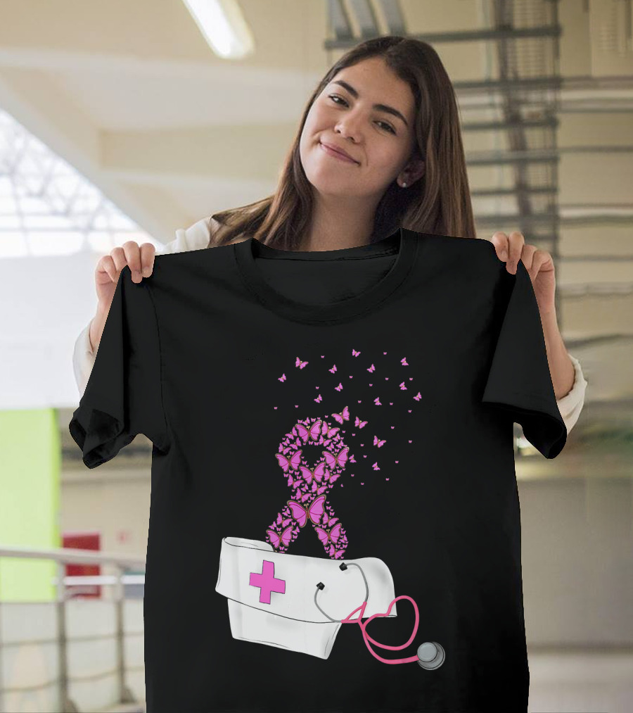 Breast Cancer Awareness Pink Butterfly Ribbon Nurse Doctor Stethoscope Hat T-Shirt