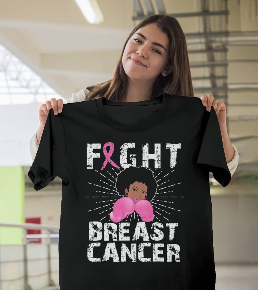 FIGHT Breast Cancer Pink Ribbon Afro Woman Boxing Gloves T-Shirt