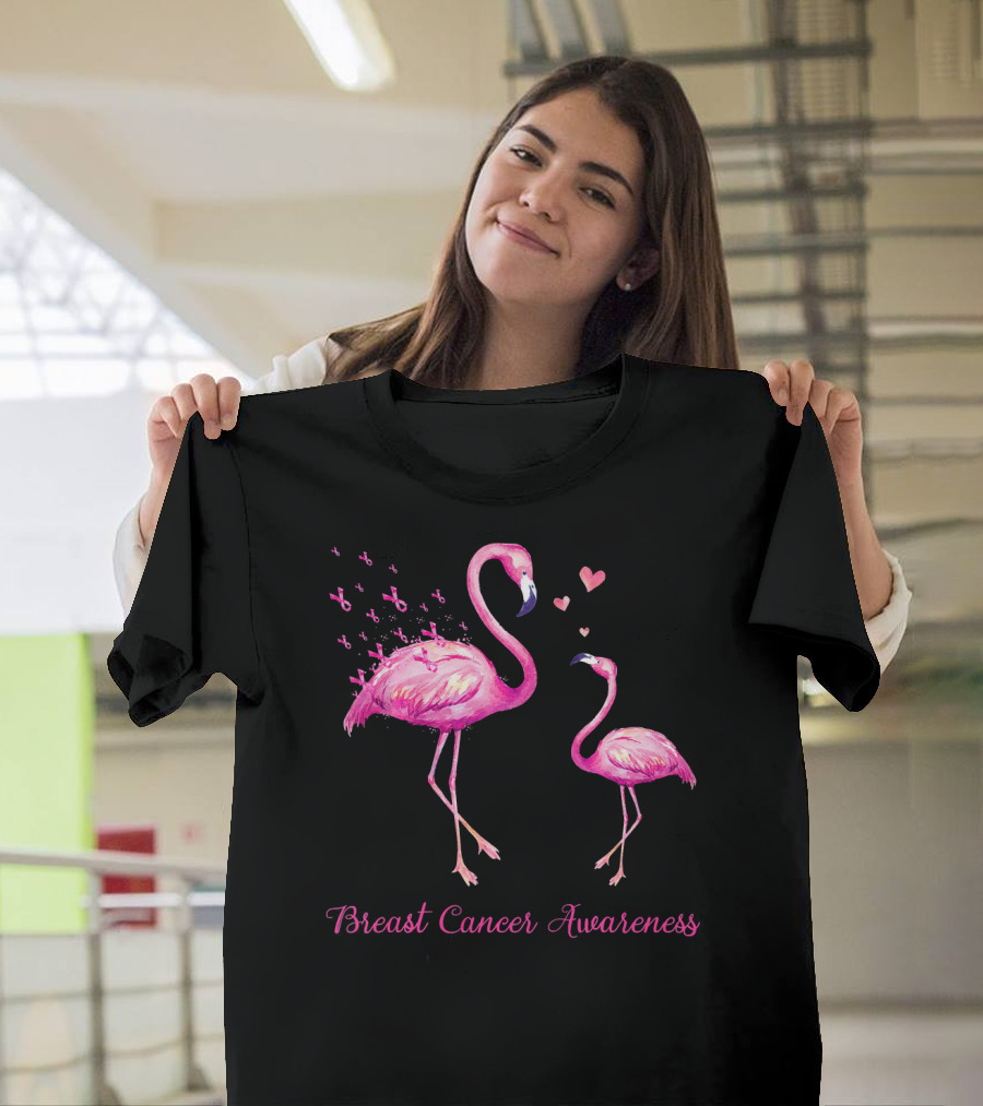 Breast Cancer Awareness Family Flamingo Mom Baby Hearts T-Shirt