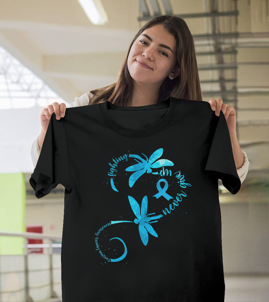 Fighting Never Give Up Ovarian Cancer Awareness Dragonfly T-Shirt