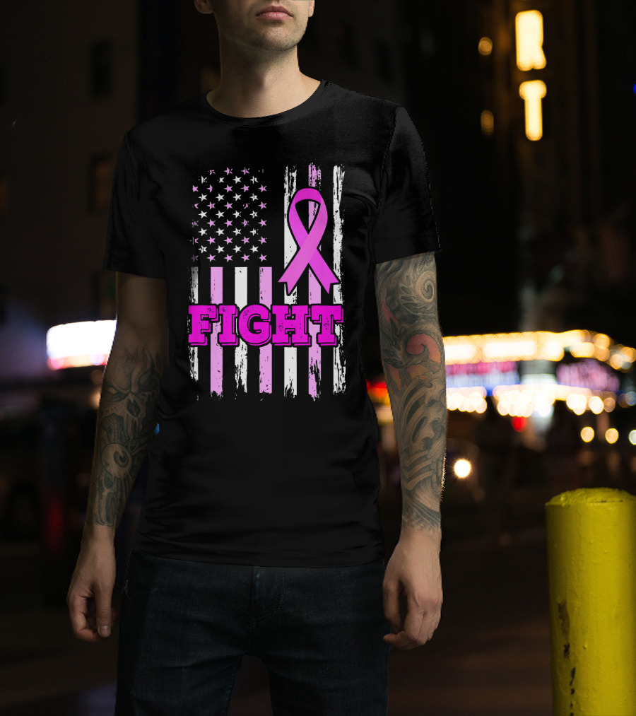 Fight Pink Ribbon American Flag Breast Cancer Awareness T-Shirt