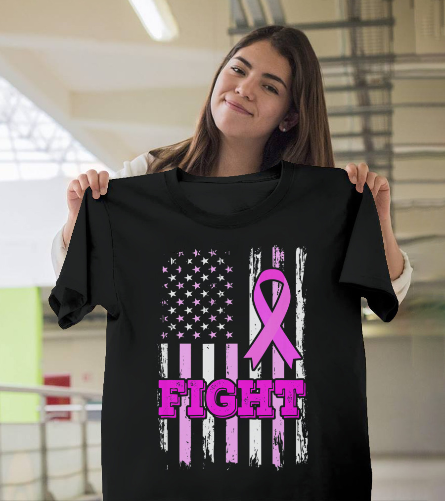 Fight Pink Ribbon American Flag Breast Cancer Awareness T-Shirt