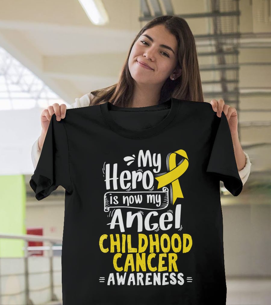 Gold Awareness Ribbon My Hero Is Now My Angel Childhood Cancer Awareness T-Shirt