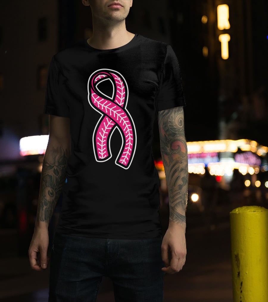 Pink Ribbon Baseball Stitching Breast Cancer Awareness T-Shirt