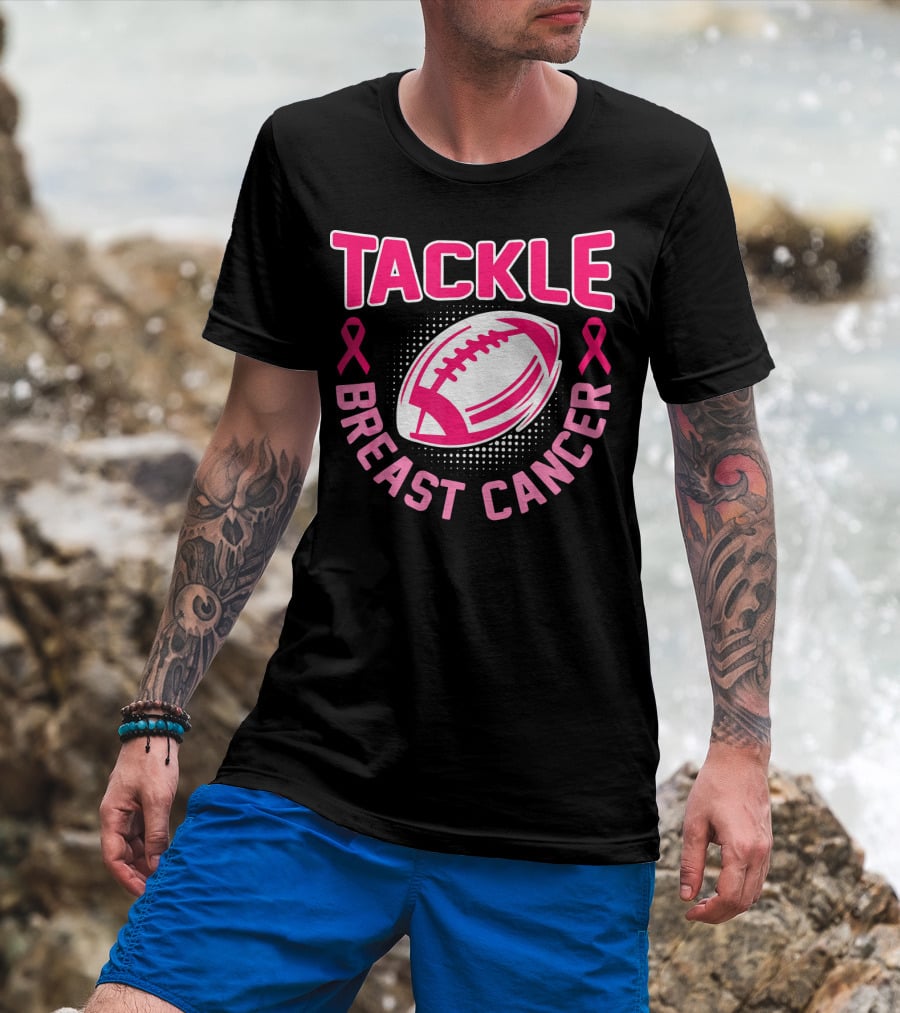 Tackle Breast Cancer Pink Ribbon Awareness Football T-Shirt