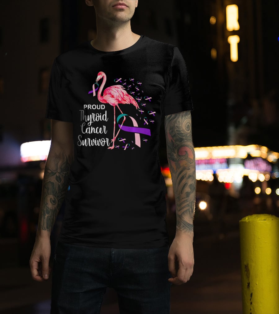 Proud Thyroid Cancer Survivor Flamingo Pink And Purple Ribbons T-Shirt