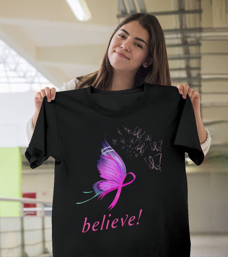 Believe Pink Ribbon Butterfly Breast Cancer Awareness T-Shirt