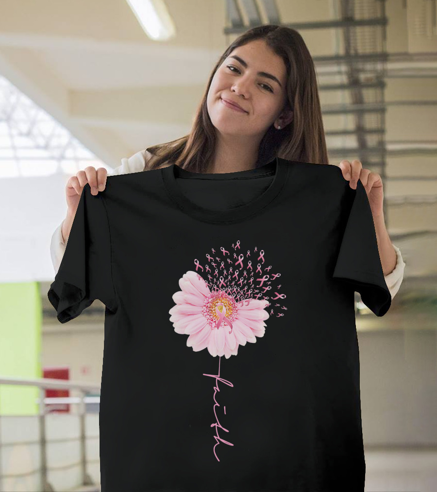 Faith Daisy Flower Pink Ribbon Breast Cancer T-Shirt