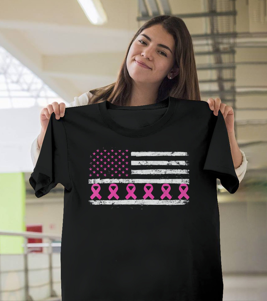 American Flag Distressed Breast Cancer Awareness Pink Ribbons T-Shirt