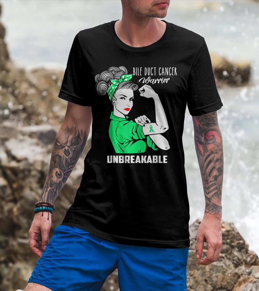 Bile Duct Cancer Warrior Unbreakable Rosie The Riveter Style With Awareness T-Shirt