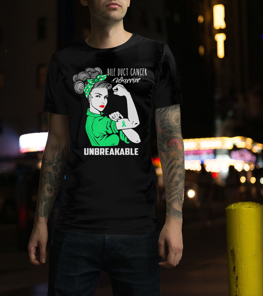 Bile Duct Cancer Warrior Unbreakable Rosie The Riveter Style With Awareness T-Shirt